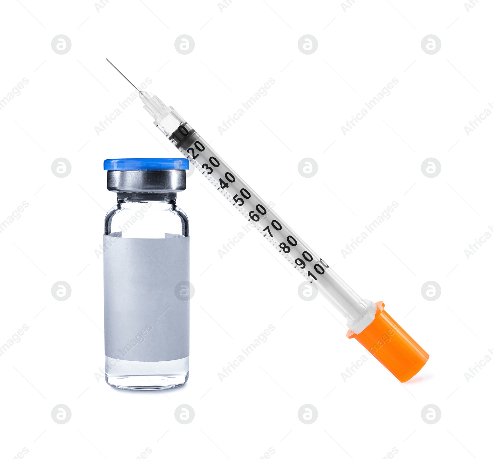 Image of Medication in vial with blank label and syringe isolated on white