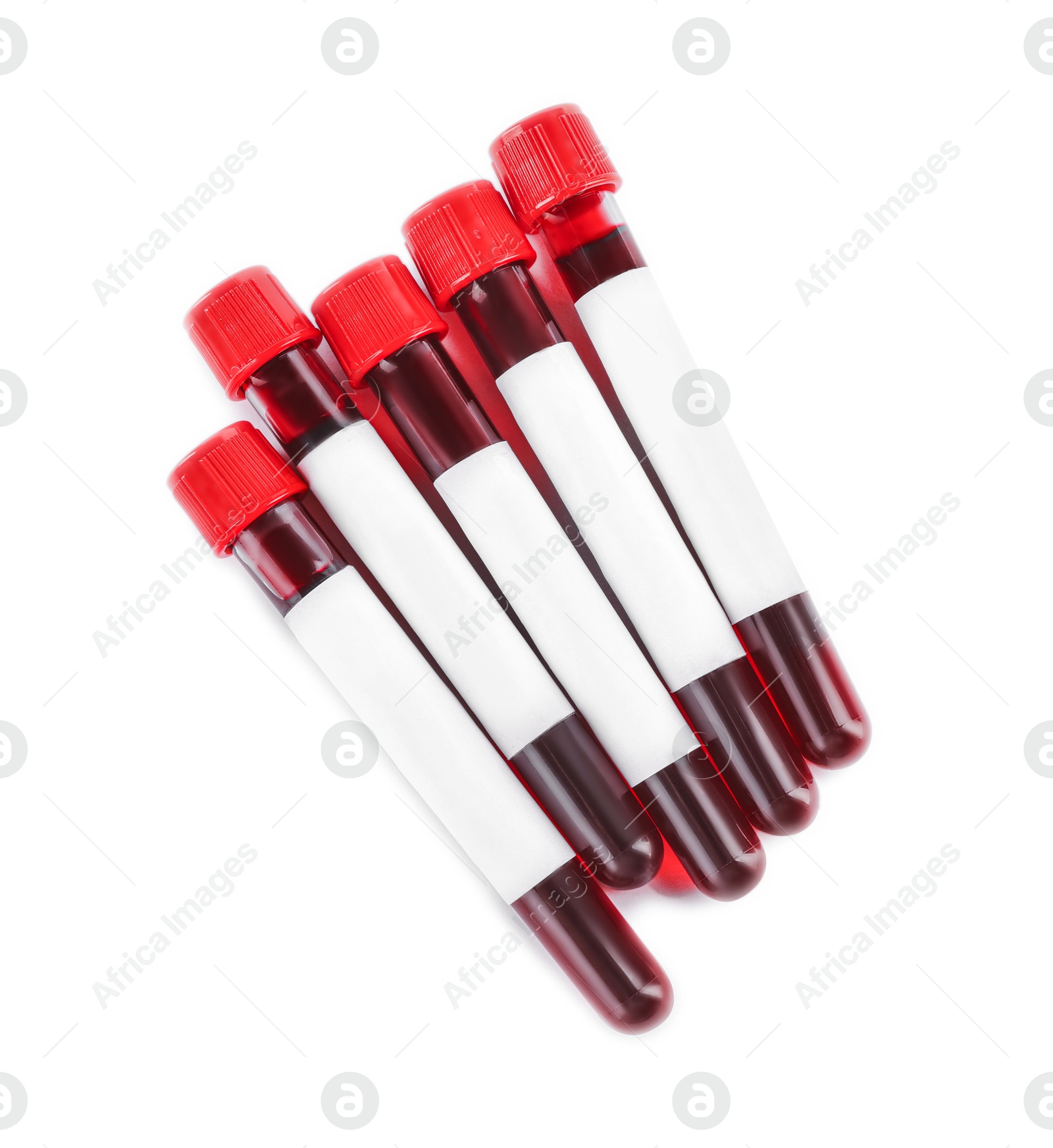 Image of Blood in test tubes with blank labels on white background. Medical analysis