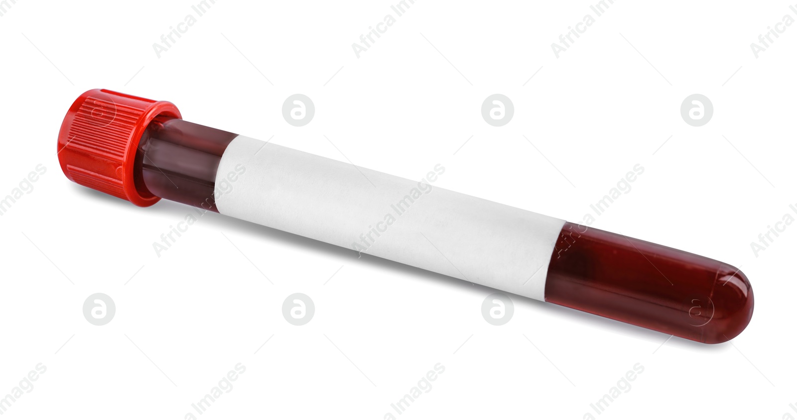 Image of Blood in test tube with blank label on white background. Medical analysis