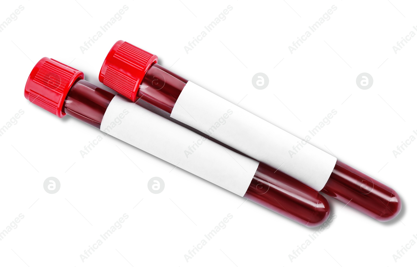 Image of Blood in test tubes with blank labels on white background, top view. Medical analysis