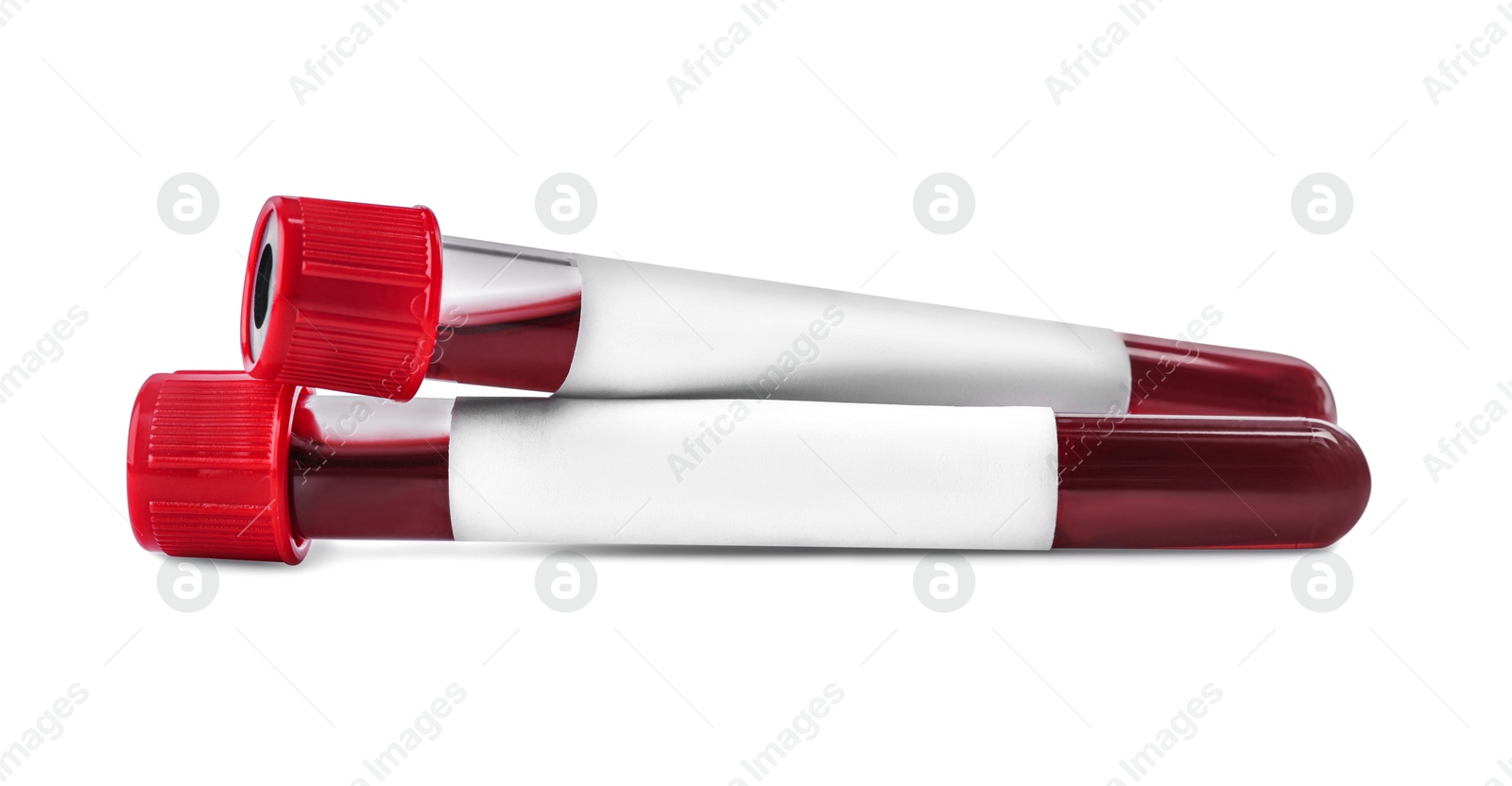 Image of Blood in test tubes with blank labels on white background. Medical analysis