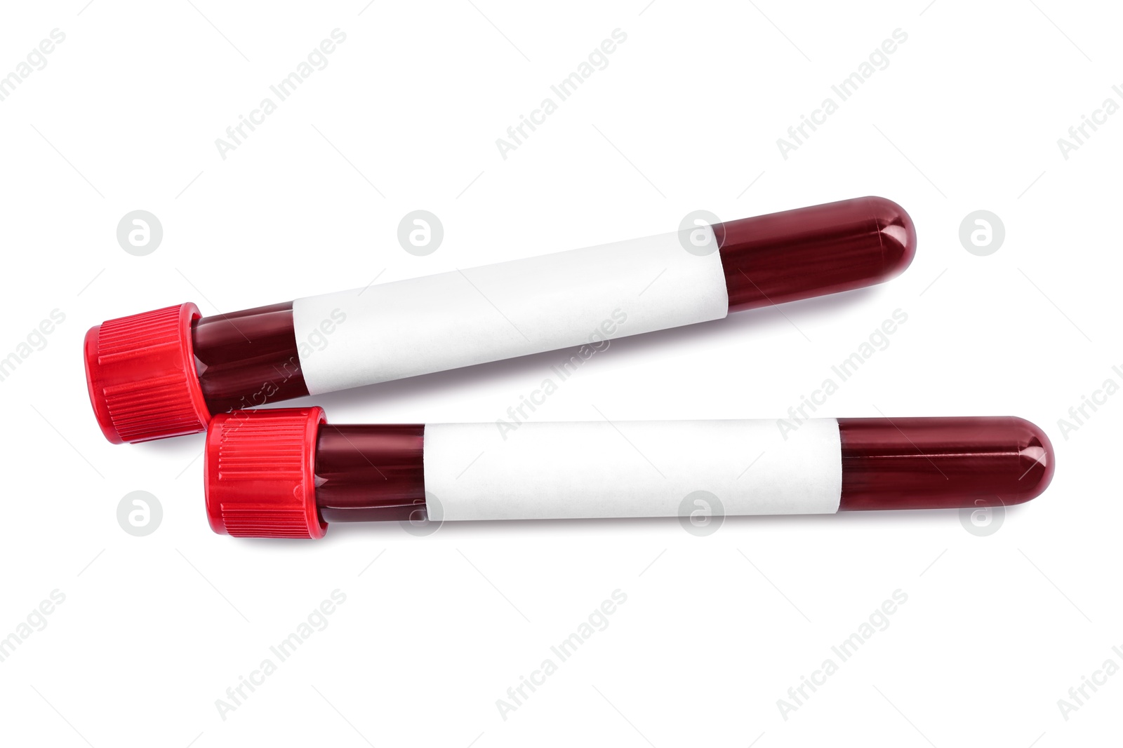 Image of Blood in test tubes with blank labels on white background, top view. Medical analysis