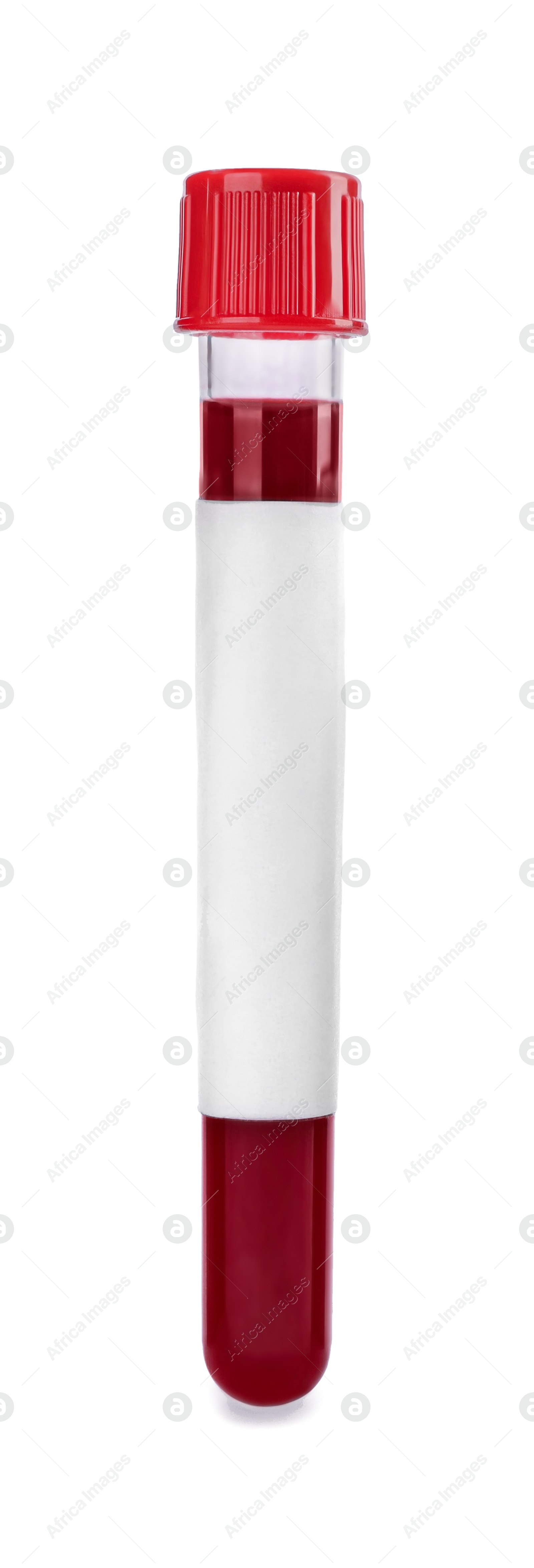 Image of Blood in test tube with blank label on white background. Medical analysis