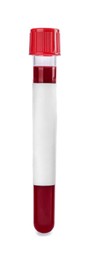 Blood in test tube with blank label on white background. Medical analysis