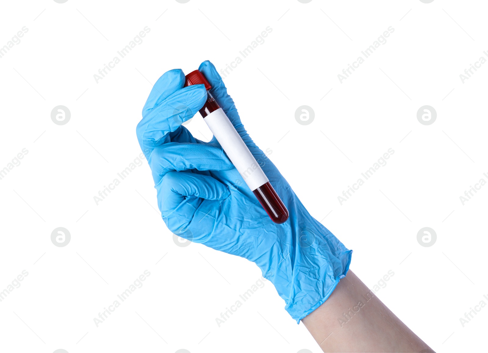 Image of Laboratory worker holding test tube with blood sample and blank label on white background, closeup. Medical analysis