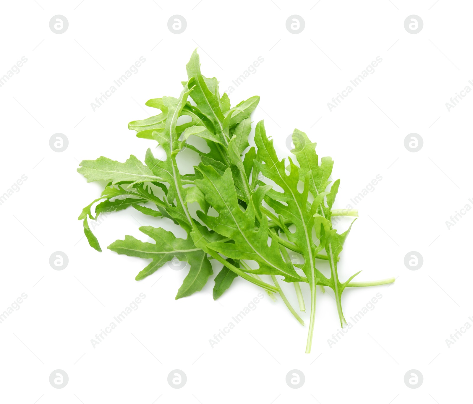 Photo of Fresh arugula leaves isolated on white, top view