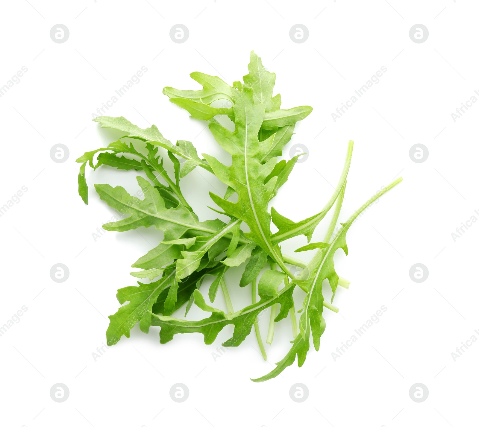 Photo of Fresh arugula leaves isolated on white, top view