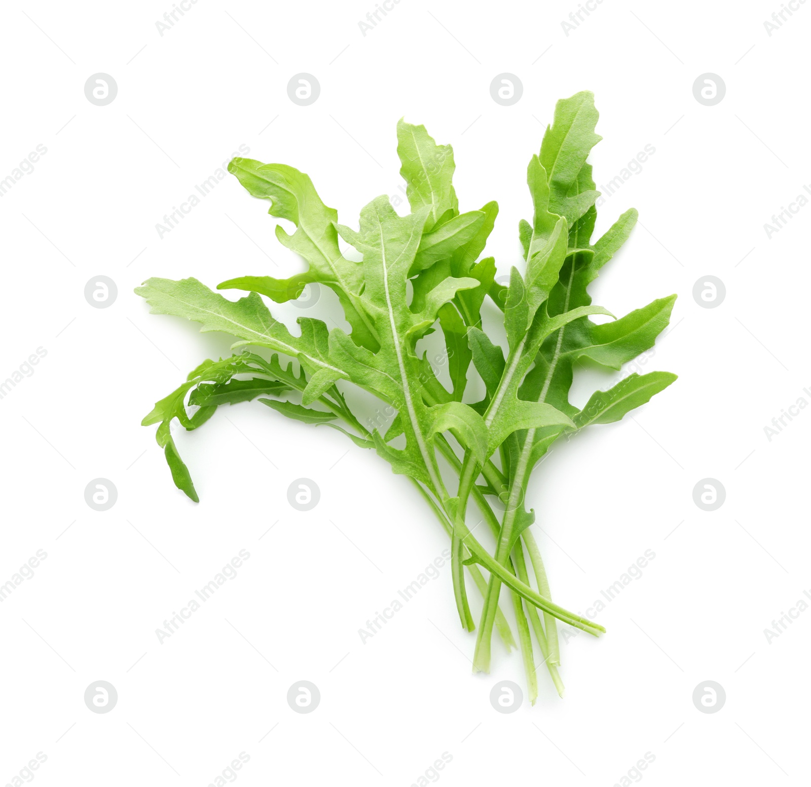 Photo of Fresh arugula leaves isolated on white, top view