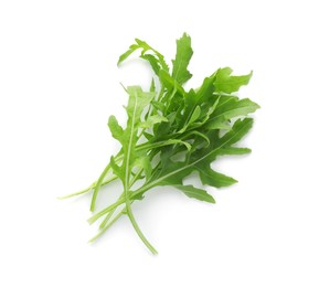 Photo of Fresh arugula leaves isolated on white, top view