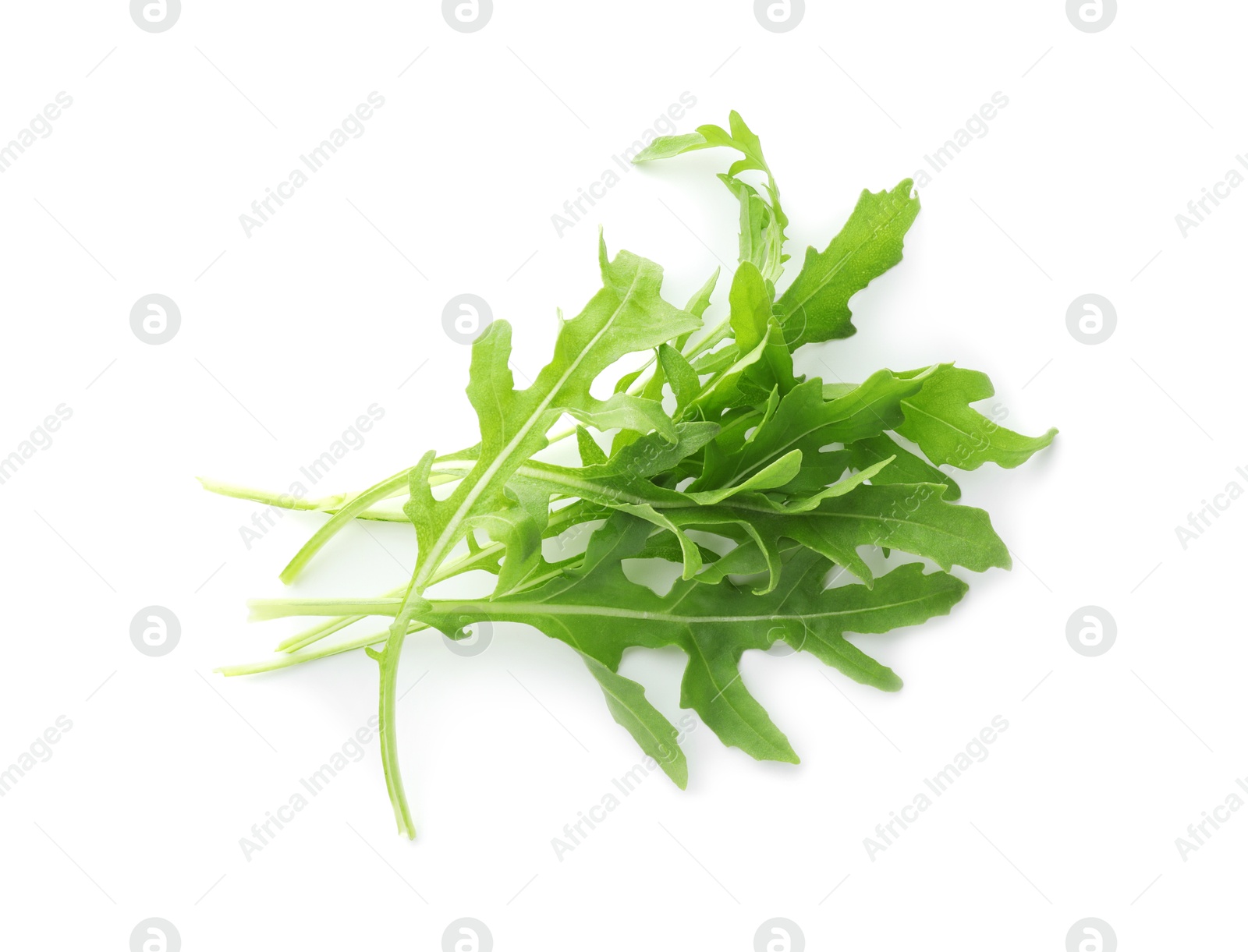 Photo of Fresh arugula leaves isolated on white, above view