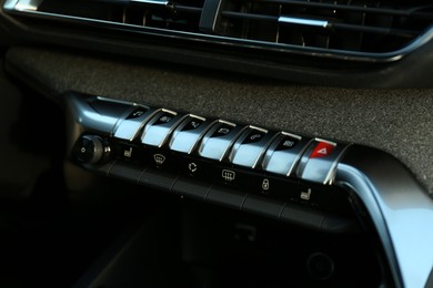 Control panel inside of modern car, closeup view