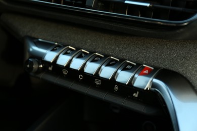 Control panel inside of modern car, closeup view