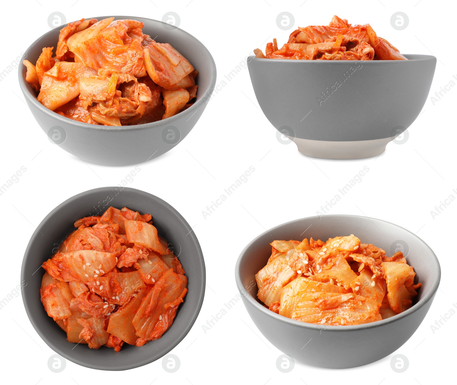 Image of Delicious kimchi of Chinese cabbage in grey bowl isolated on white, collage. Traditional Korean dish