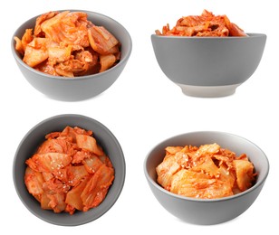 Image of Delicious kimchi of Chinese cabbage in grey bowl isolated on white, collage. Traditional Korean dish