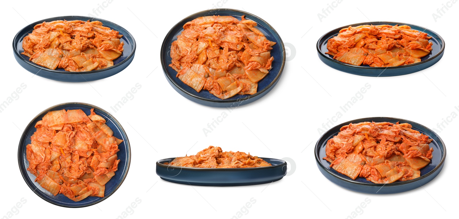 Image of Delicious kimchi of Chinese cabbage isolated on white, collage. Traditional Korean dish