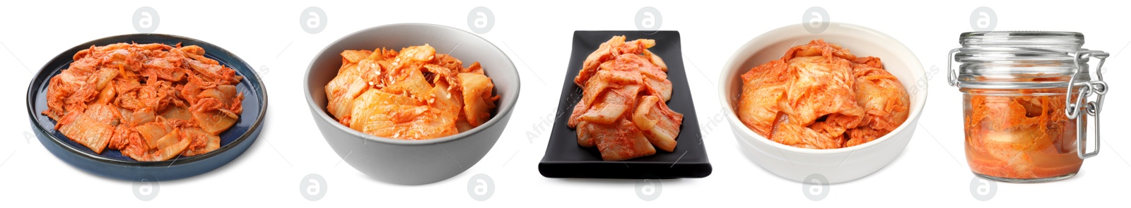 Image of Delicious kimchi of Chinese cabbage isolated on white, collage. Traditional Korean dish