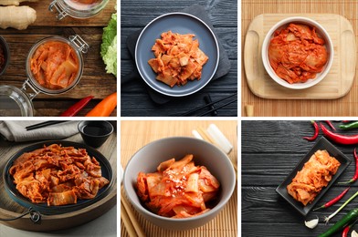 Image of Delicious kimchi of Chinese cabbage, collage of photos. Traditional Korean dish