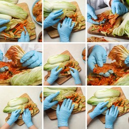 Image of Woman making traditional Korean kimchi. Collage of closeup photos