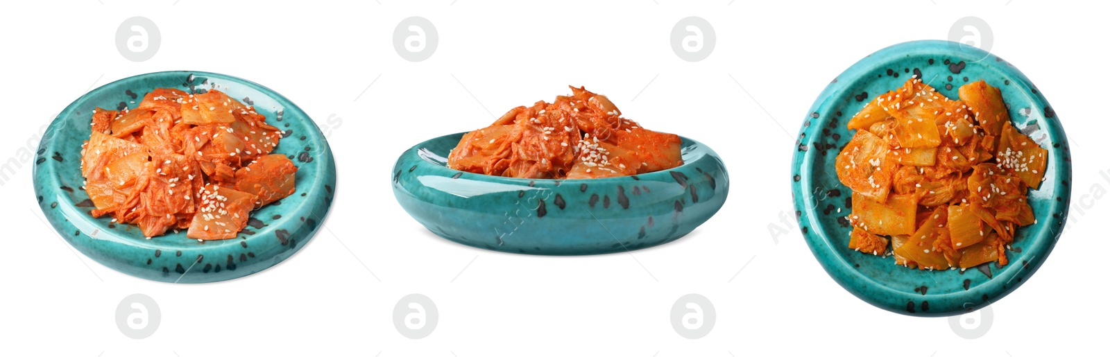 Image of Delicious kimchi of Chinese cabbage isolated on white, collage. Traditional Korean dish