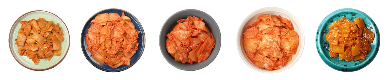 Image of Delicious kimchi of Chinese cabbage isolated on white, set. Top view. Traditional Korean dish