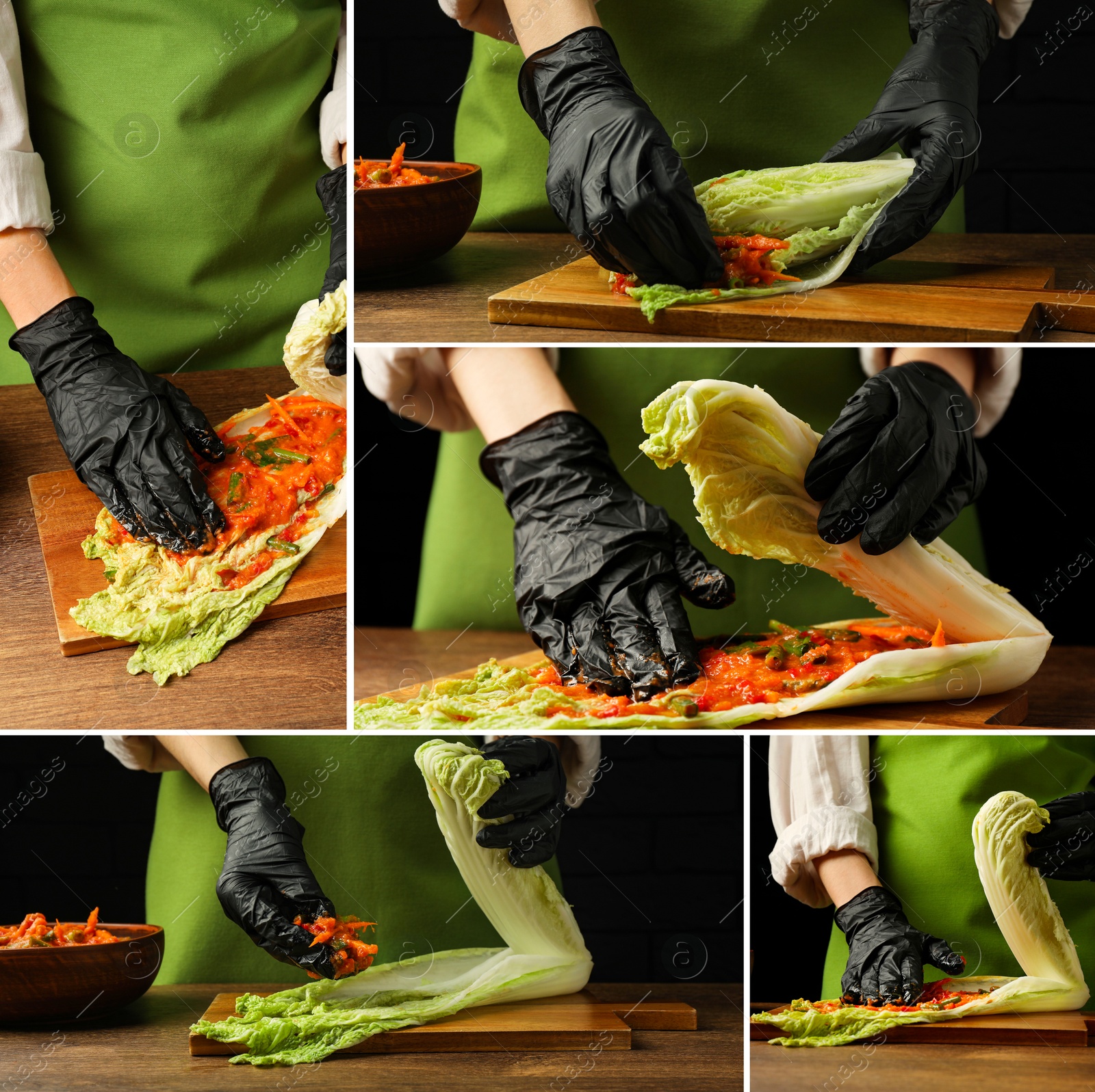 Image of Woman making traditional Korean kimchi. Collage of closeup photos