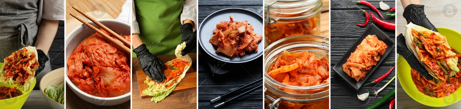 Image of Delicious kimchi of Chinese cabbage, collage of photos. Traditional Korean dish