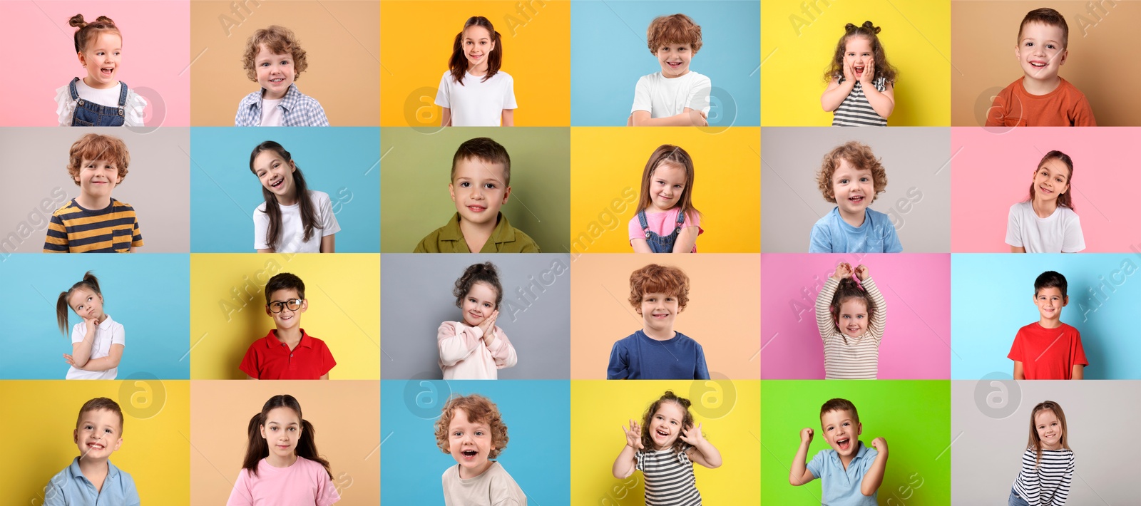 Image of Many cute children on different colors backgrounds, collage of photos