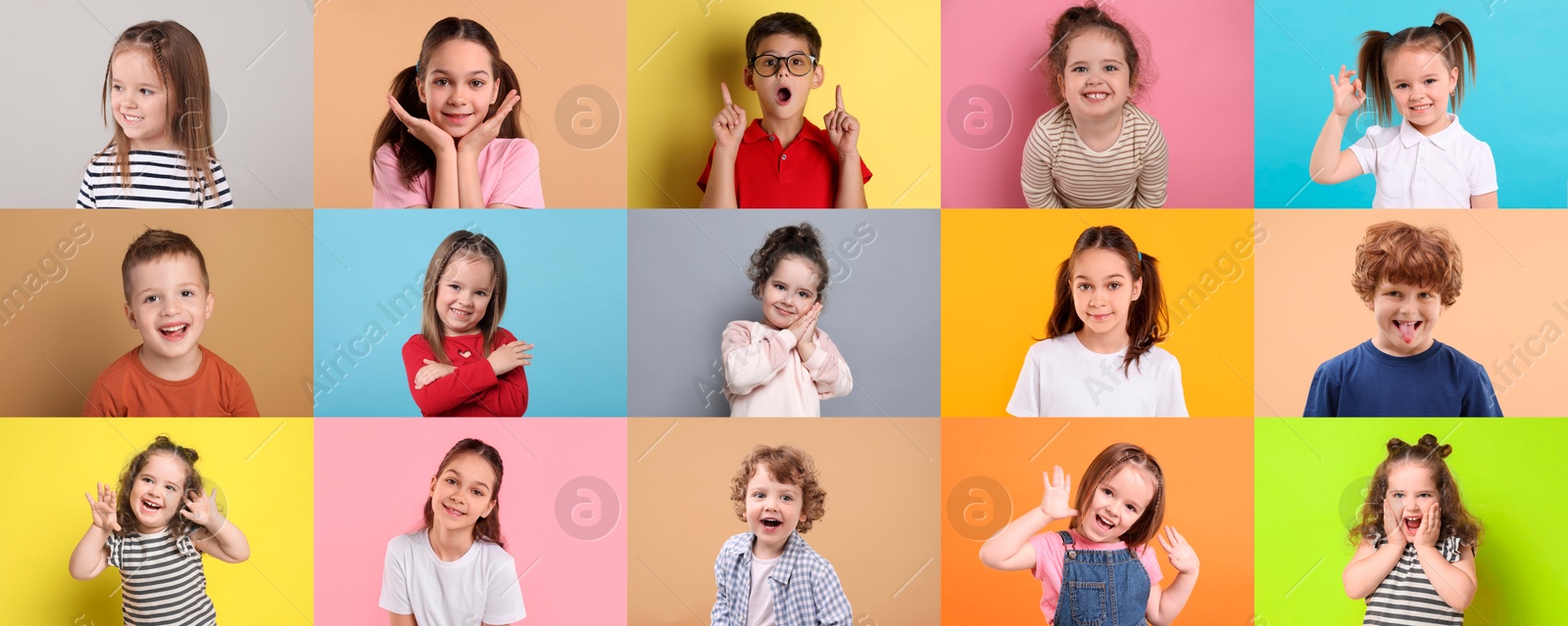 Image of Many cute children on different colors backgrounds, collage of photos