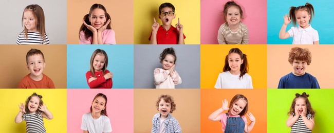 Image of Many cute children on different colors backgrounds, collage of photos