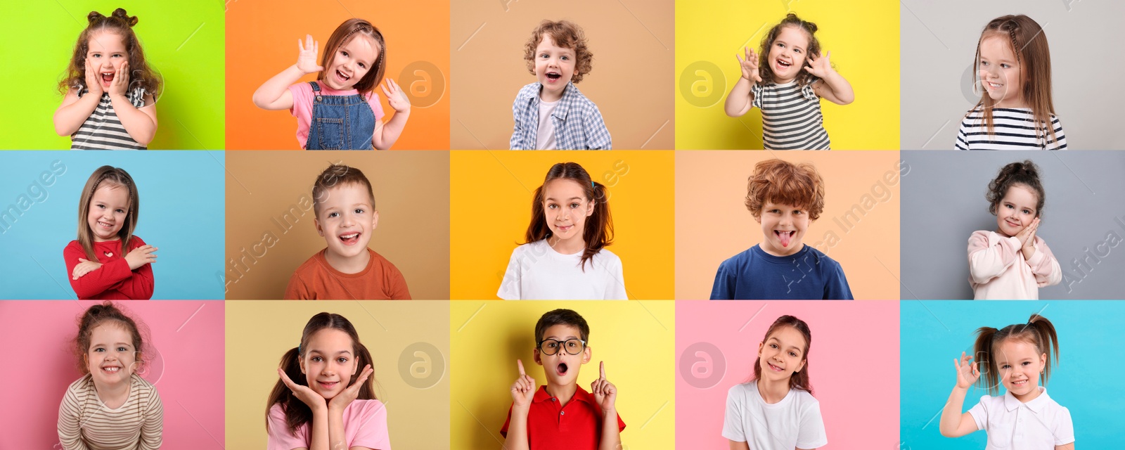 Image of Many cute children on different colors backgrounds, collage of photos