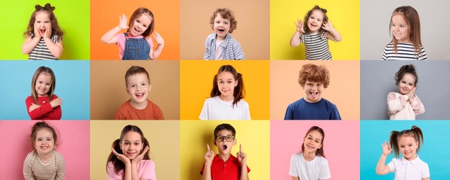 Image of Many cute children on different colors backgrounds, collage of photos