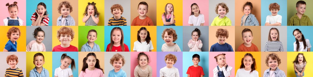 Image of Many cute children on different colors backgrounds, collage of photos