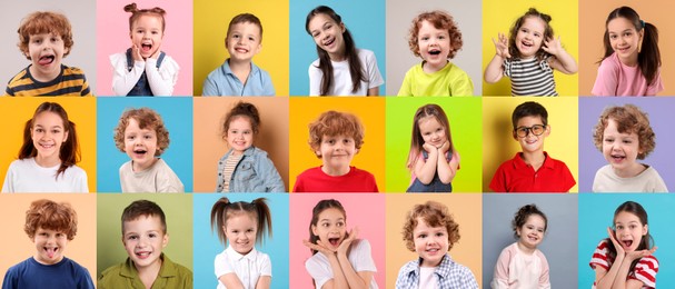 Many cute children on different colors backgrounds, collage of photos