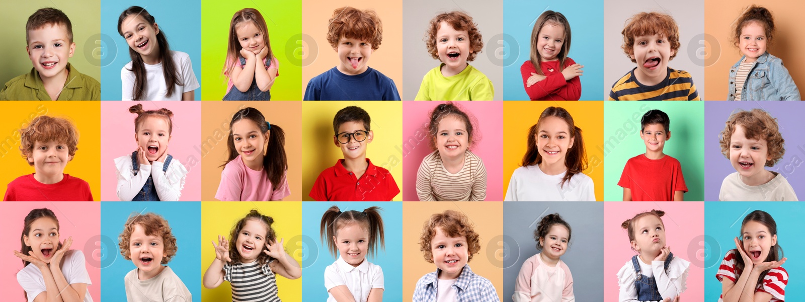 Image of Many cute children on different colors backgrounds, collage of photos