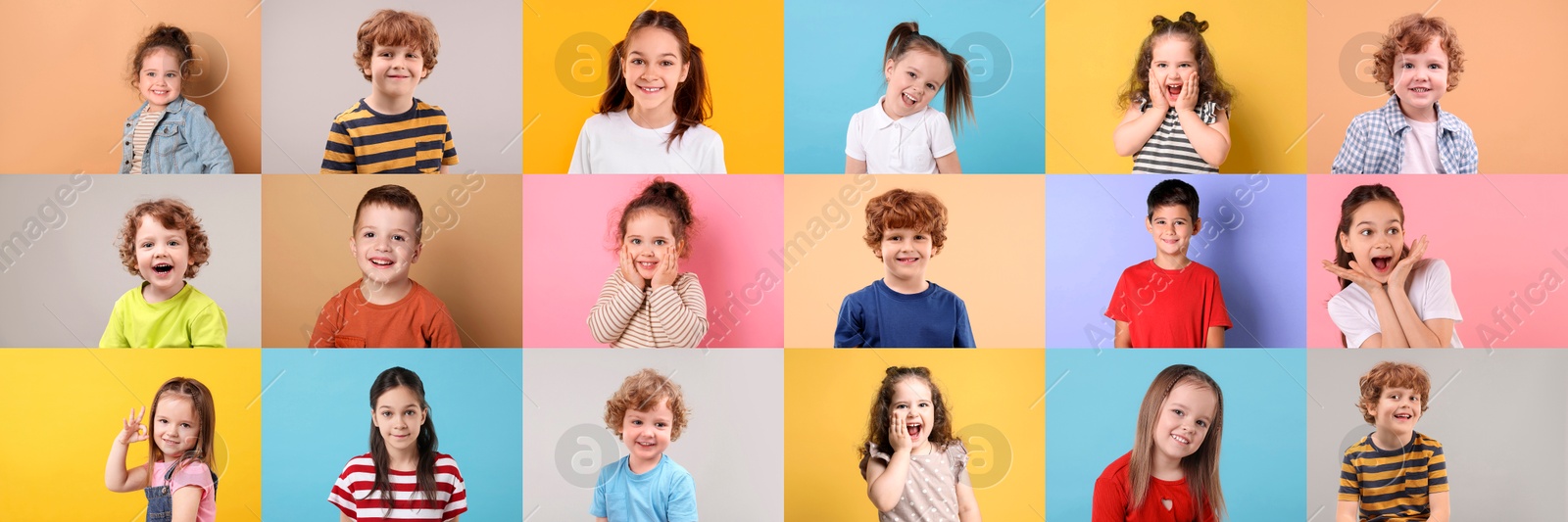 Image of Many cute children on different colors backgrounds, collage of photos