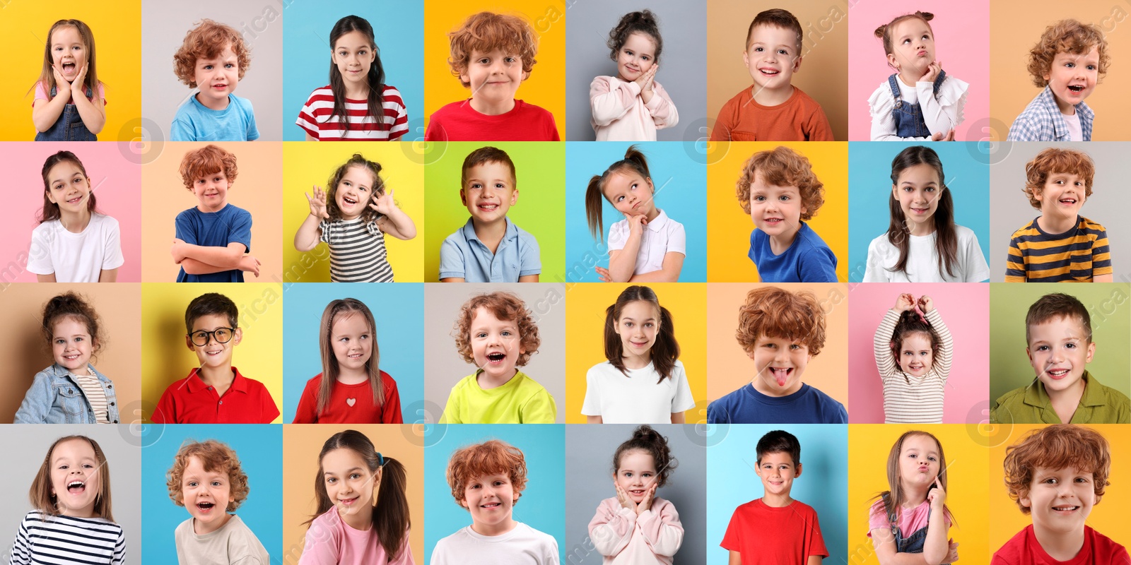 Image of Many cute children on different colors backgrounds, collage of photos