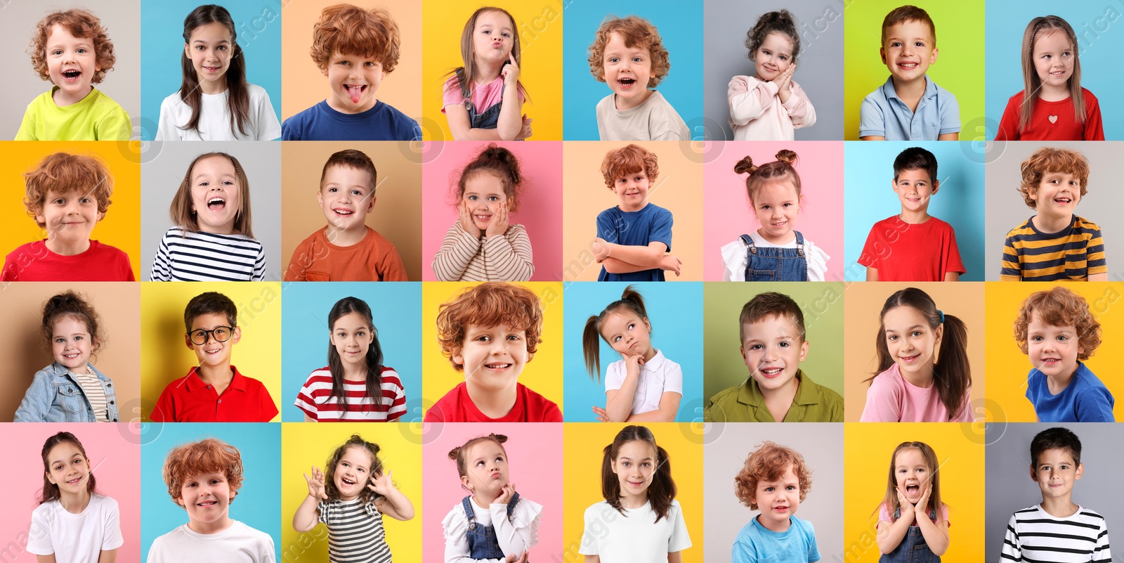 Image of Many cute children on different colors backgrounds, collage of photos