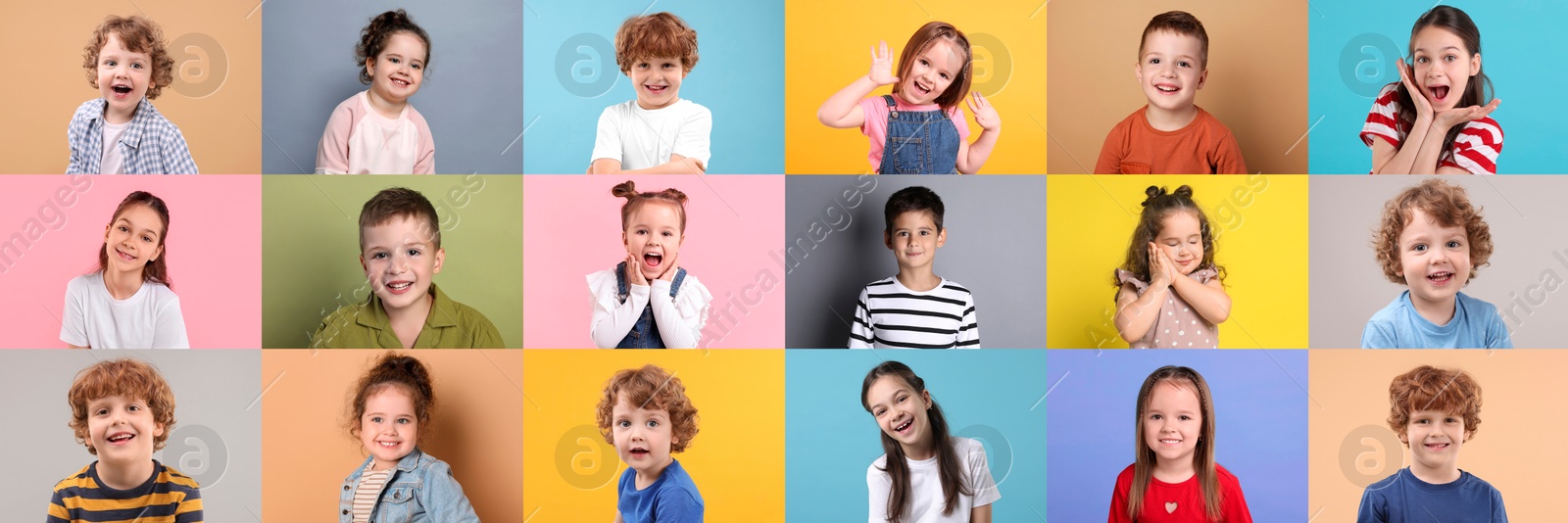 Image of Many cute children on different colors backgrounds, collage of photos