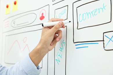 Developing UI design. Man drawing website wireframe on whiteboard indoors, closeup