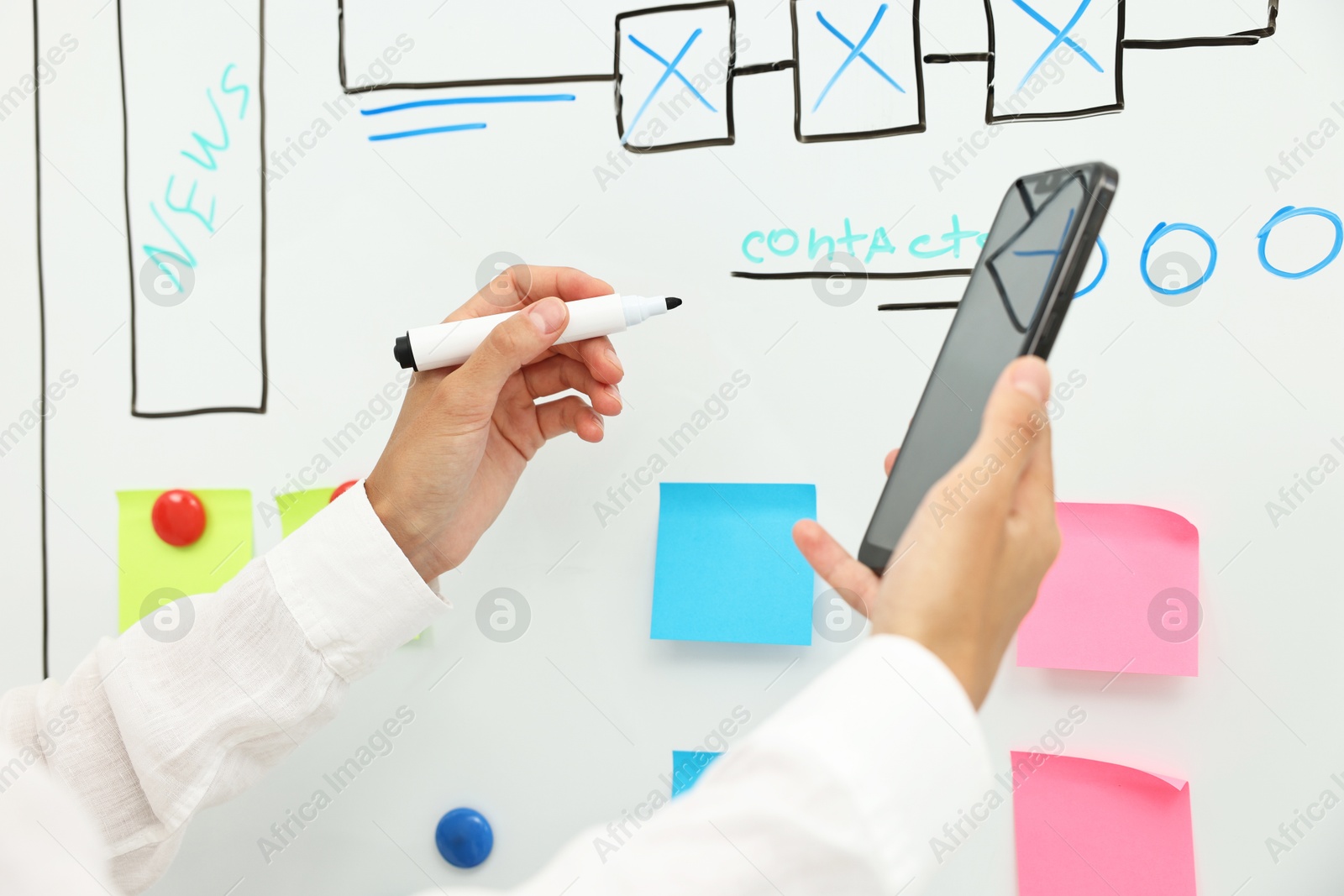 Photo of Developing UI design. Woman drawing website wireframe on whiteboard indoors, closeup