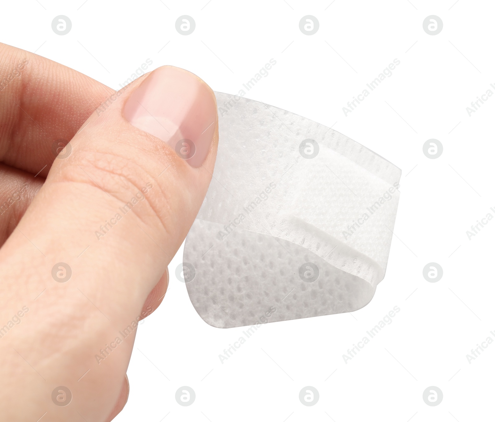 Woman putting medical adhesive bandage on white background, closeup Photo of Woman putting medical adhesive bandage on white background, closeup