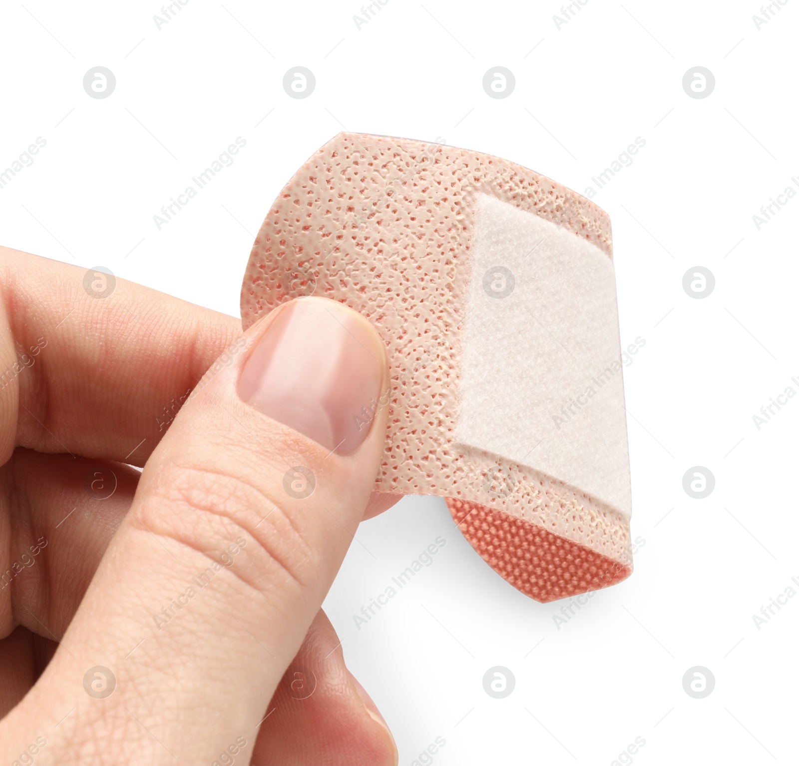Woman putting medical adhesive bandage on white background, closeup Photo of Woman putting medical adhesive bandage on white background, closeup