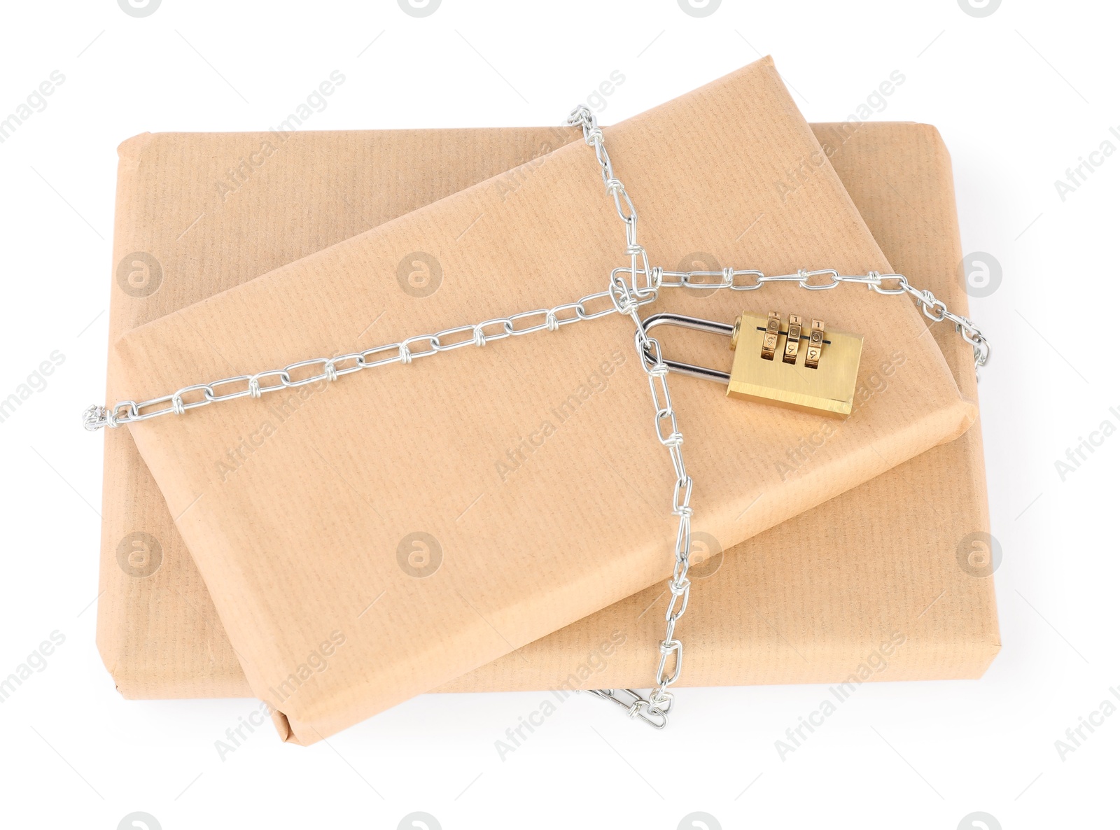 Photo of Parcels with chain and padlock isolated on white, top view