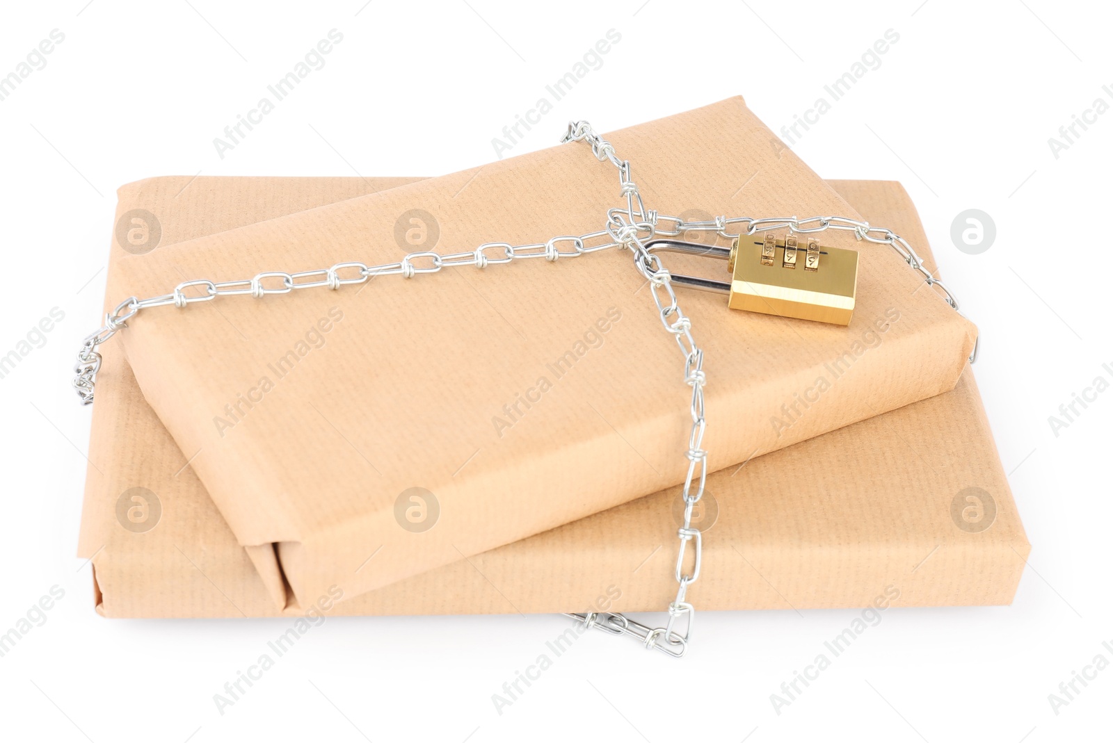 Photo of Parcels with chain and padlock isolated on white