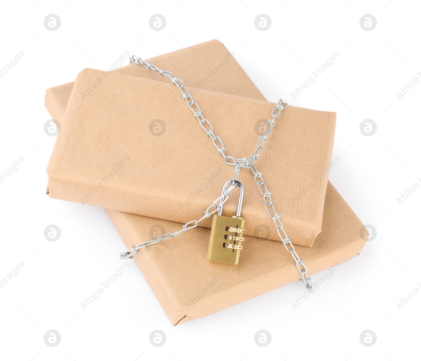 Photo of Parcels with chain and padlock isolated on white