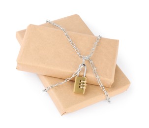 Photo of Parcels with chain and padlock isolated on white