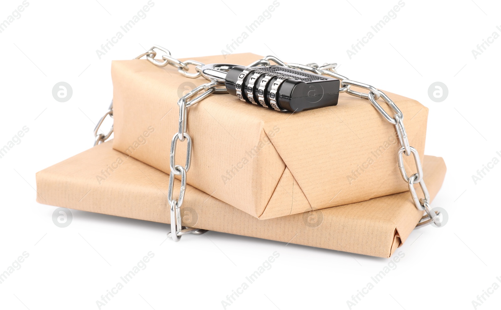 Photo of Parcels with chain and padlock isolated on white