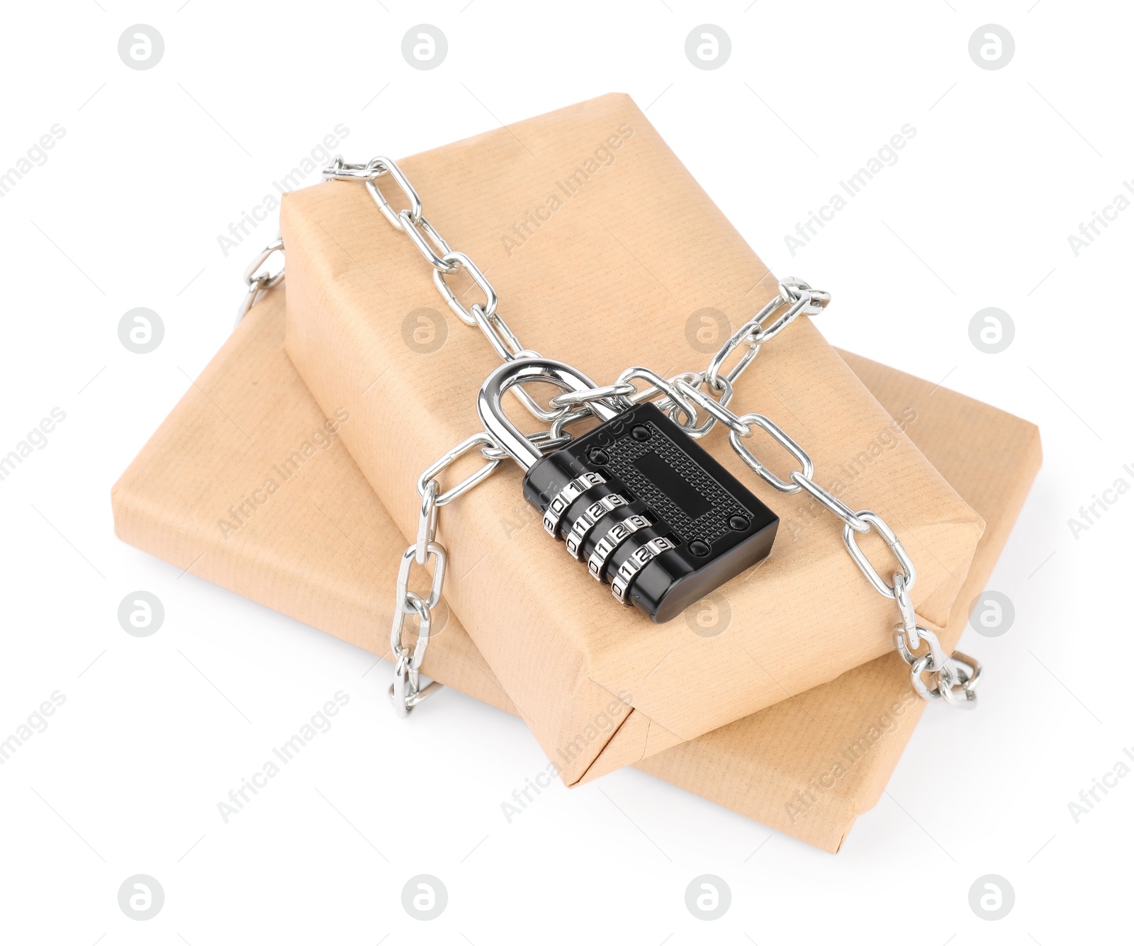 Photo of Parcels with chain and padlock isolated on white