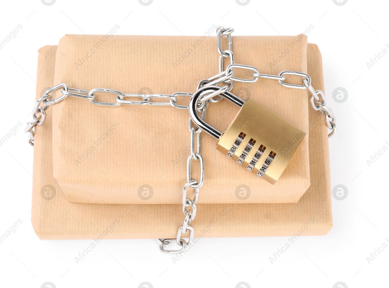 Photo of Parcels with chain and padlock isolated on white, top view