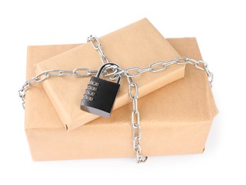 Photo of Parcels with chain and padlock isolated on white